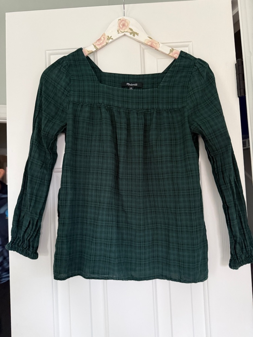 Madewell Green Plaid Long-Sleeve Square-Neck Top